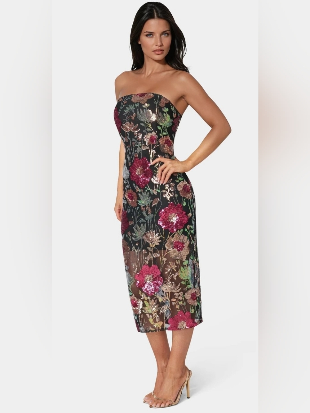 Bebe Black Strapless Floral Sequin Midi Dressbebe